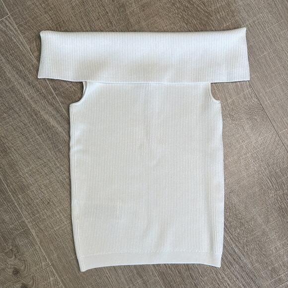 7 FOR ALL MANKIND Women’s White Ribbed Off Shoulder Fitted Blouse - Picture 8 of 11